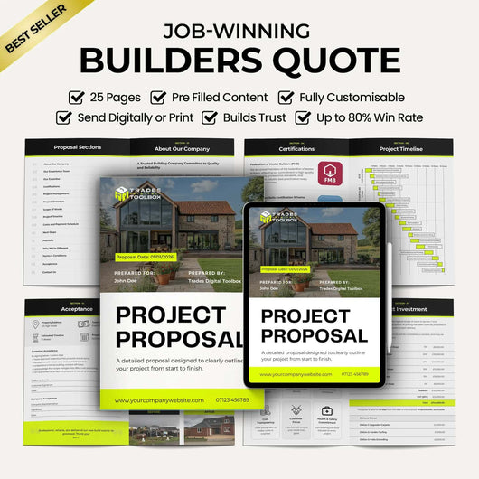 Builders Quote Template for contractors and construction companies with digital and printable estimate, bid and proposal templates.