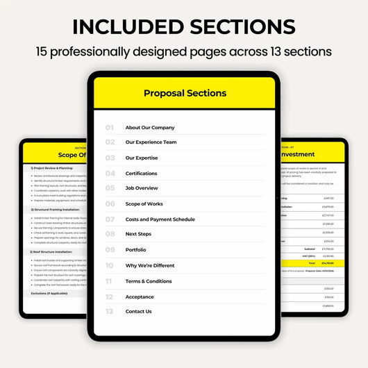 Professional Carpentry Estimate Template for creating detailed carpentry quotes, bids and proposals.