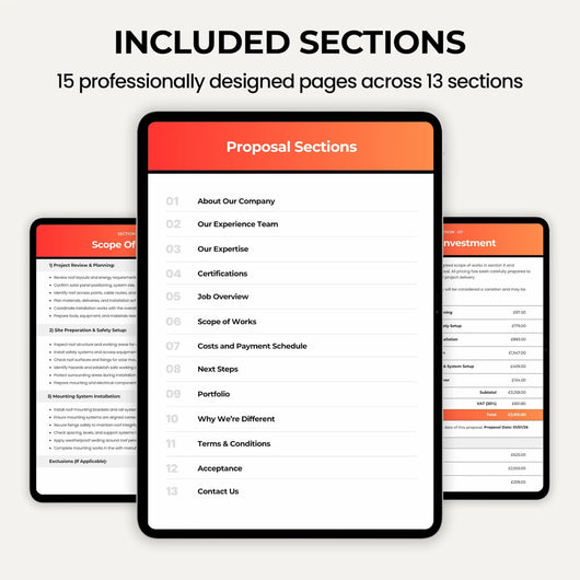 Professional Solar Quote Template example showing pricing, scope of work and project details.
